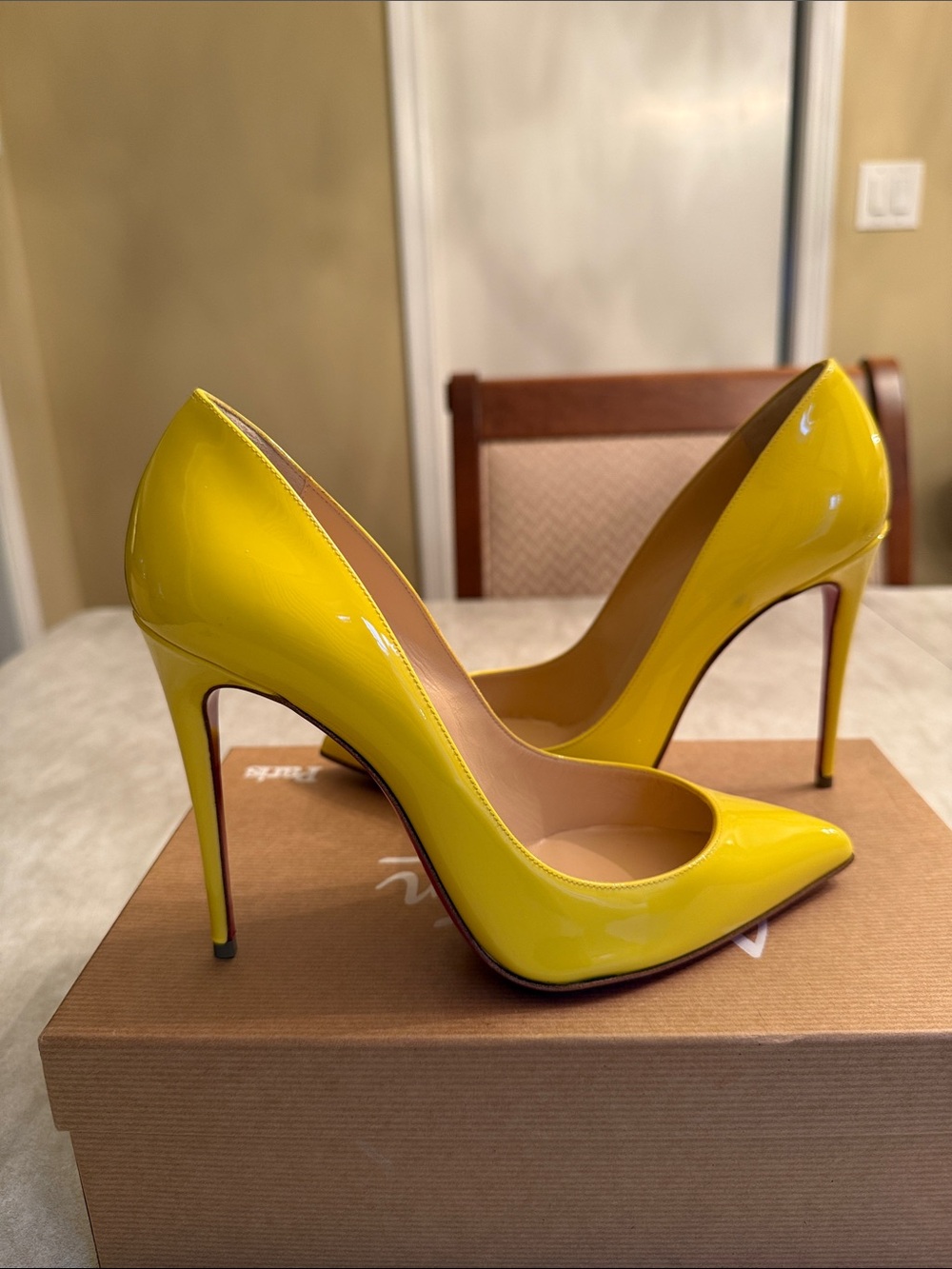 Christian Louboutin Yellow Patent Pointed-Toe Stiletto Pumps - Picture 9 of 10